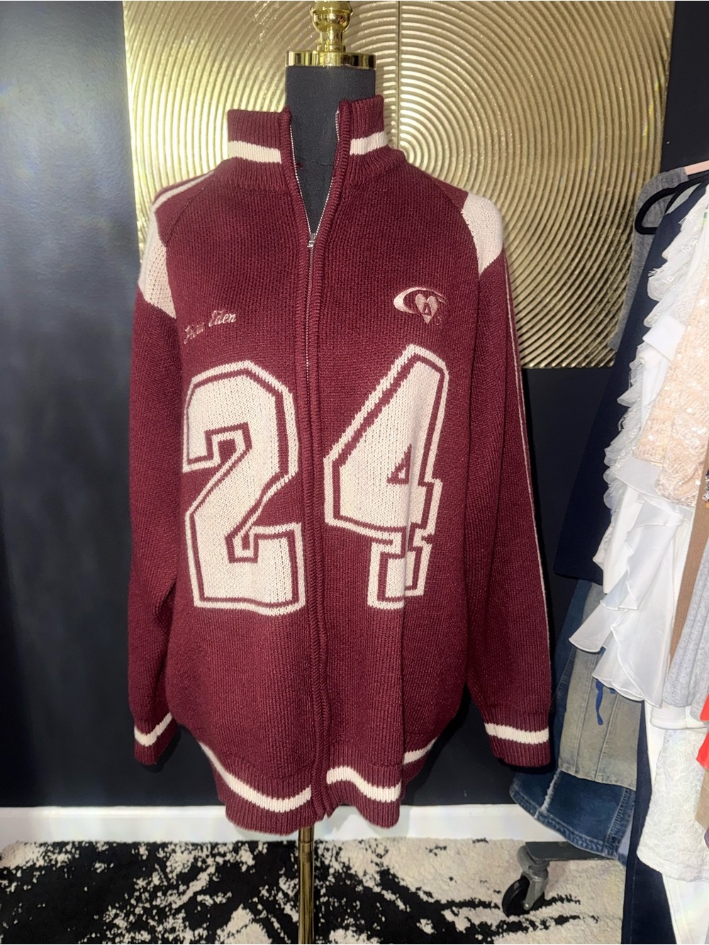 Aelfric Eden Maroon Zip-Up Knit Sweater with Cream Number 24 Y2K